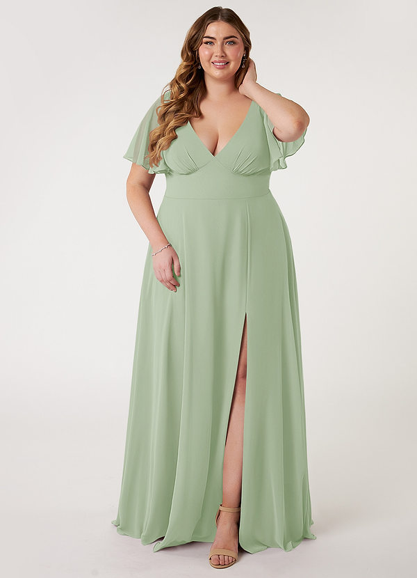 Azazie Kimber Bridesmaid Dresses Dusty Sage A-Line Flounce Sleeve Chiffon Dress image1