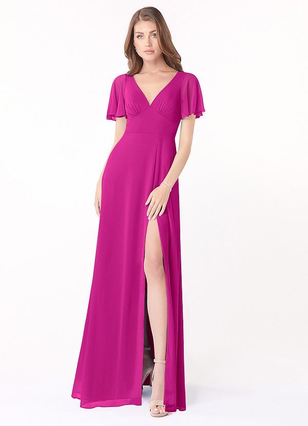 Azazie Kimber Bridesmaid Dresses Fuchsia A-Line Flounce Sleeve Chiffon Dress image1