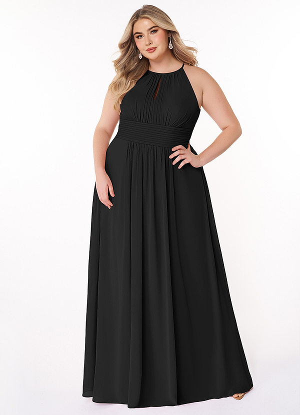 Azazie Bonnie Bridesmaid Dresses Black A-Line Keyhole Ruched Chiffon Dress image1