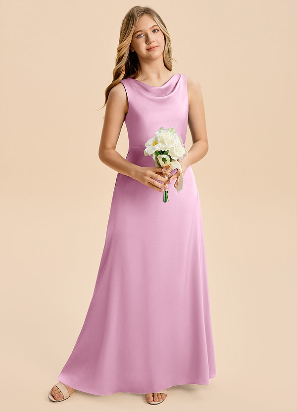 Azazie Kiki Junior Robe Trapèze en Satin extensible Nœud Rose Bonbon image1