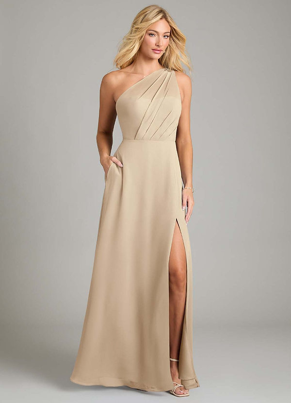 Azazie Phaedra Bridesmaid Dresses Champagne A-Line One Shoulder Chiffon Dress image1