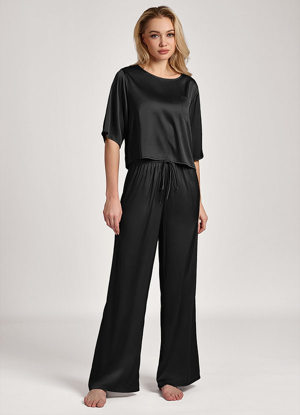 front 검은색 새틴 티셔츠 파자마 세트