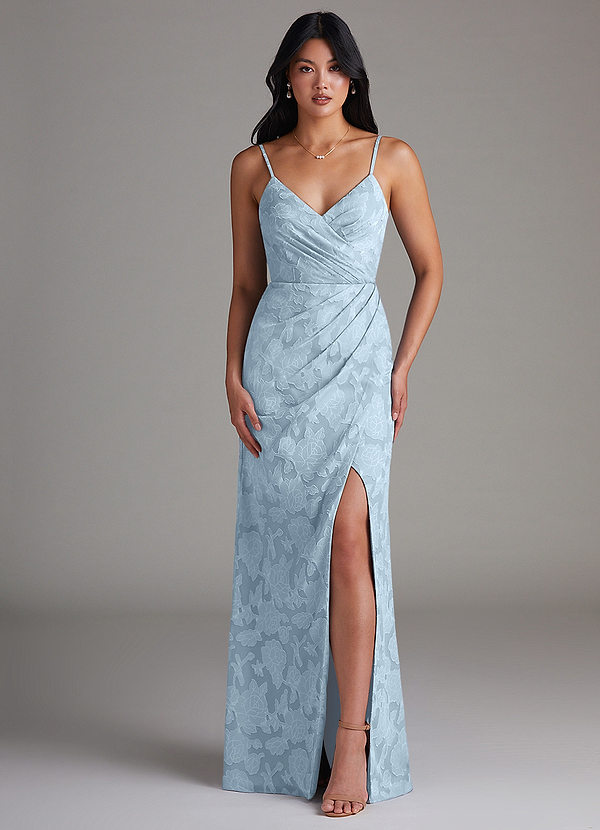 Azazie Maci Bridesmaid Dresses Sky Blue Sheath Pleated Floral Burnout Dress image1