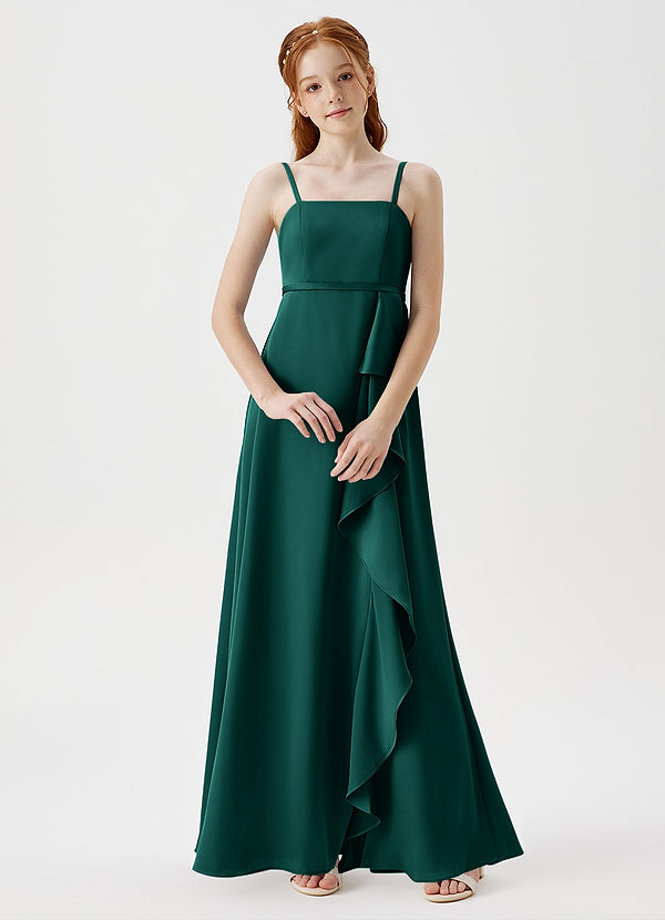Azazie Kaylee Junior Emerald A-Line with Belt Stretch Satin Dress image1