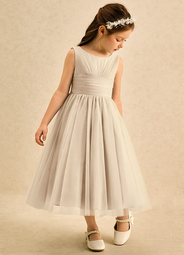 Azazie Macaron Bloemenmeisjes Jurken A-Lijn Jurk van Tule Geplooid Champagne image1