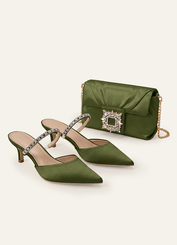 front Matching Color Stretch Satin Rhinestone Slip-on Kitten Heels & Clutch Set