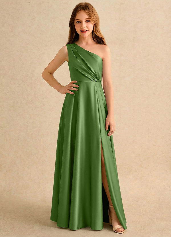 Azazie Puddles Girls Formal Klänningar för brudeflicka Klä A-Line i Stretch Satin Ena axeln image1