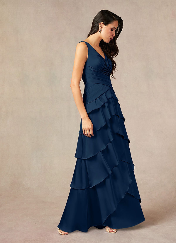 Azazie Viola Mother of the Brides Dresses Dark Navy A-Line Pleated Stretch Satin Dress image1