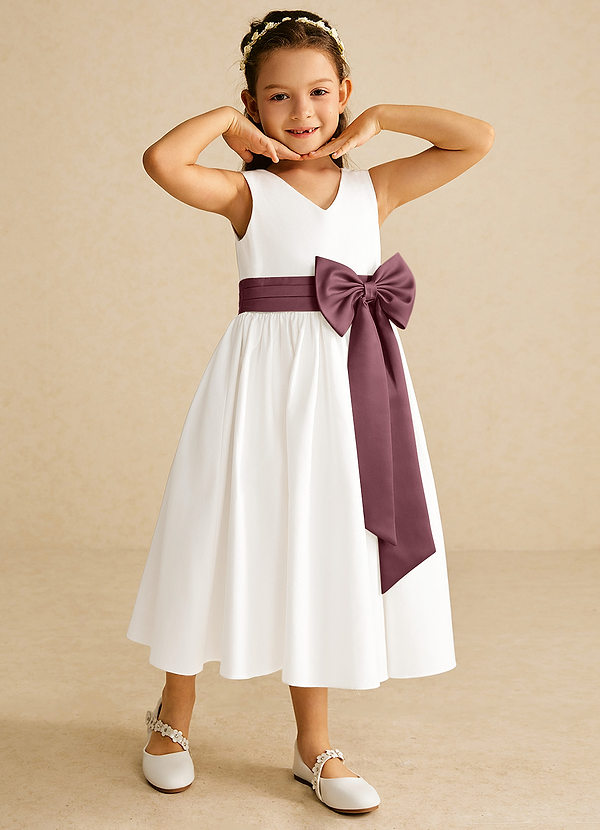 Azazie Darling Flower Girl Dresses Ivory Sangria A-Line Bow Cotton Dress image1