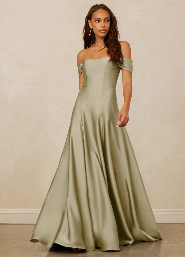 Christian Siriano Bridal for Azazie 1002 Brautjungfernkleider Wandelbar A-Linie Schulterfrei Stretch-Satin Kleid Moosgrün image1
