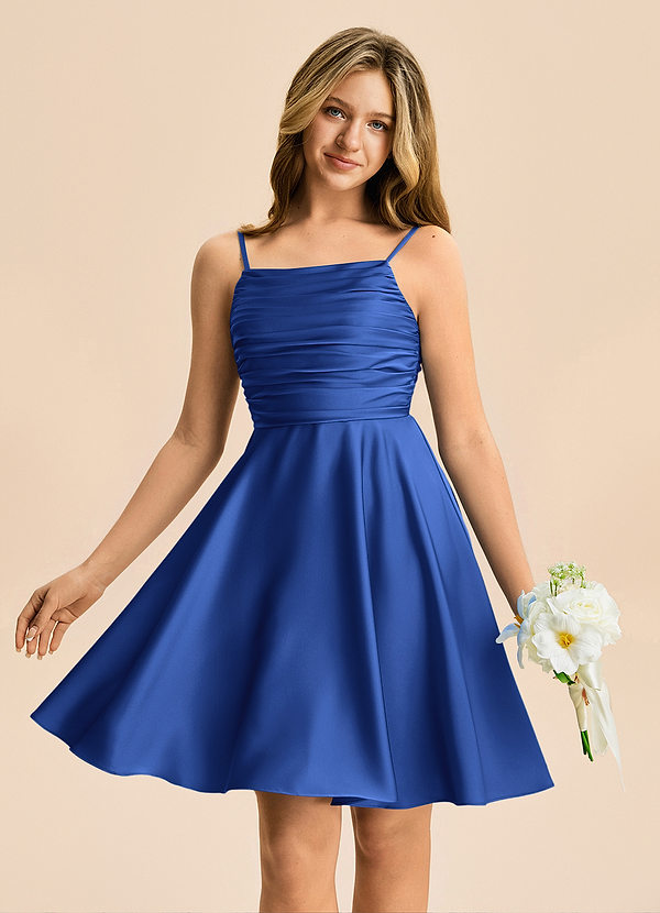 Azazie Miko Junior Royal Blue A-Line Pleated Stretch Satin Dress image1