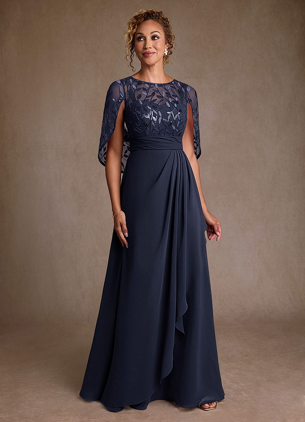 Azazie Beckley Vestidos de Madre de la Novia Vestido de Azul Marino Oscuro de Gasa de Corte en A con Encaje image1