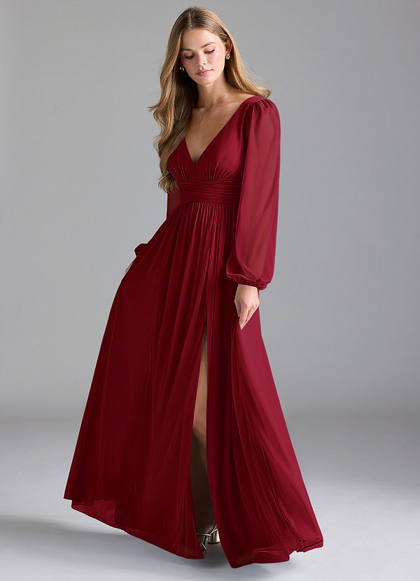 Azazie Norah Bridesmaid Dresses Burgundy A-Line Mesh Dress image1