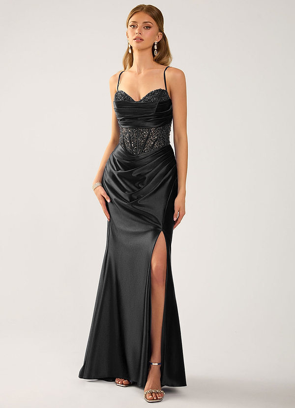Marenmarka Black Beading Corset Satin Prom Dress image1