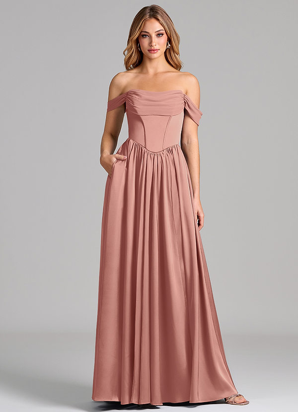 Azazie Raisa Rochii de domnișoară de onoare Linie A De pe umăr Satin elastic Lungime până la podea Rochie image1