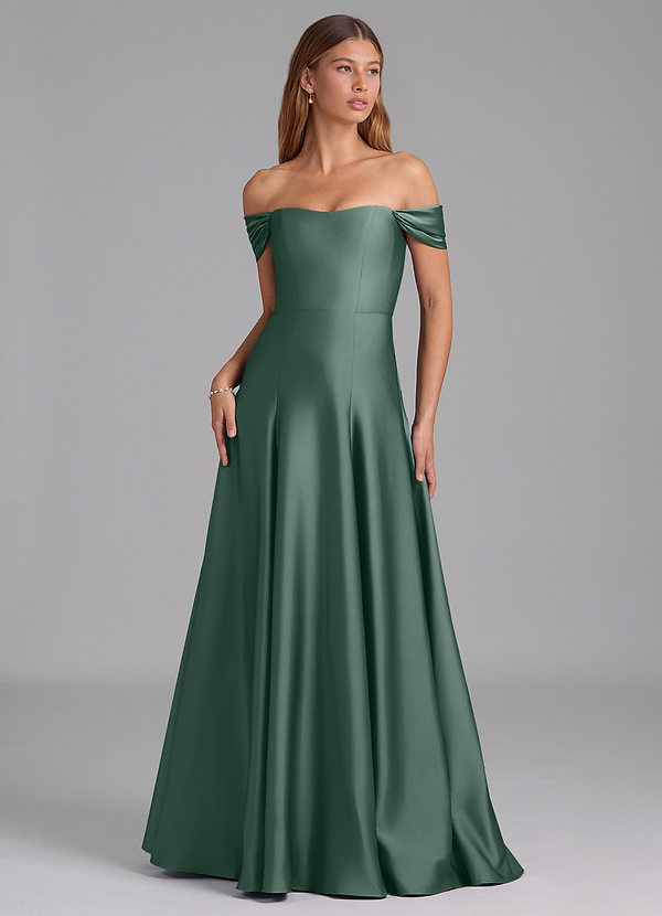 Azazie Seriana Robes Demoiselle d'honneur Robe Trapèze Convertible en Satin extensible Épaule décolletée Eucalyptus image1