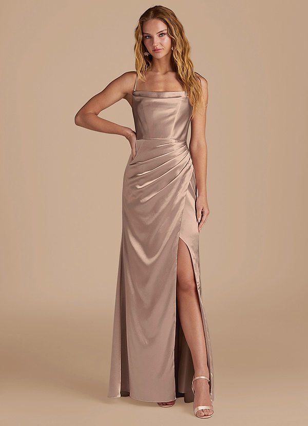 Azazie Marzia Bridesmaid Dresses Taupe Mermaid Pleated Metallic Satin Dress image1