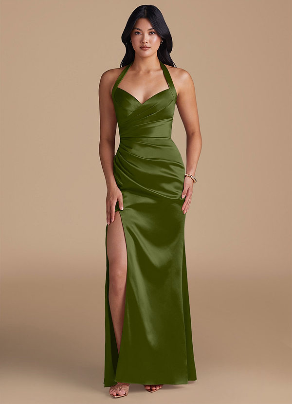 Azazie Emeria Bridesmaid Dresses Olive Sheath Side Slit Metallic Satin Dress image1