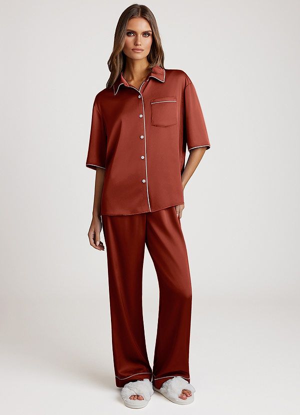 front Terracotta Contrast-trimmed Pajama Set