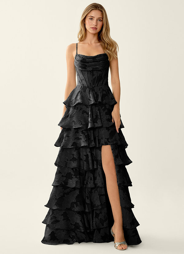Wrenana Black Textured Floral Jacquard Prom Dress image1