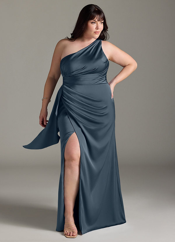 Azazie Maive Robes Demoiselle d'honneur Robe Fourreau en Satin extensible Rayé Violet Crépusculaire image1