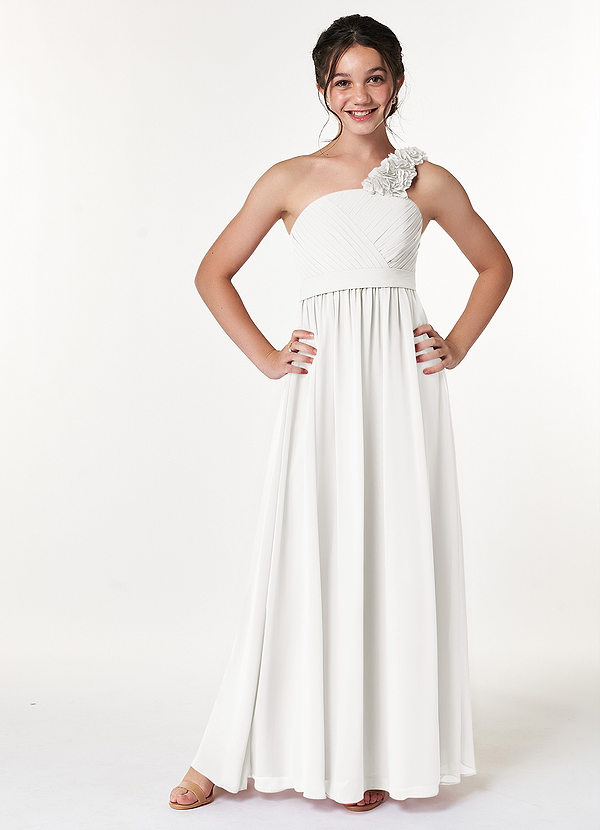 Azazie Flower Junior Robe Trapèze en Mousseline de soie Plissée Blanc image1