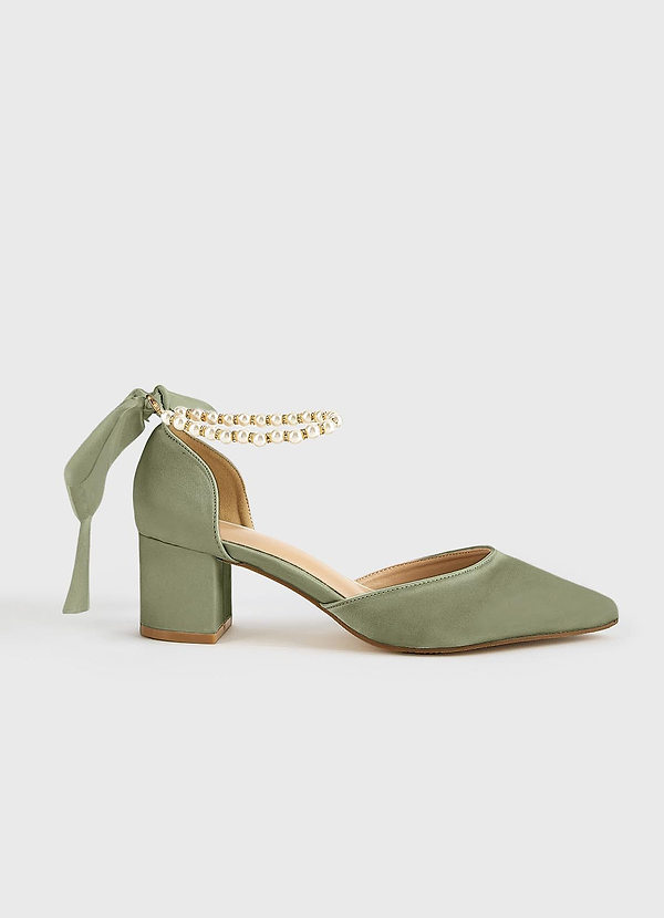 front Matching Color Matte Satin Pearl and Bow Pointed Toe Block Heels