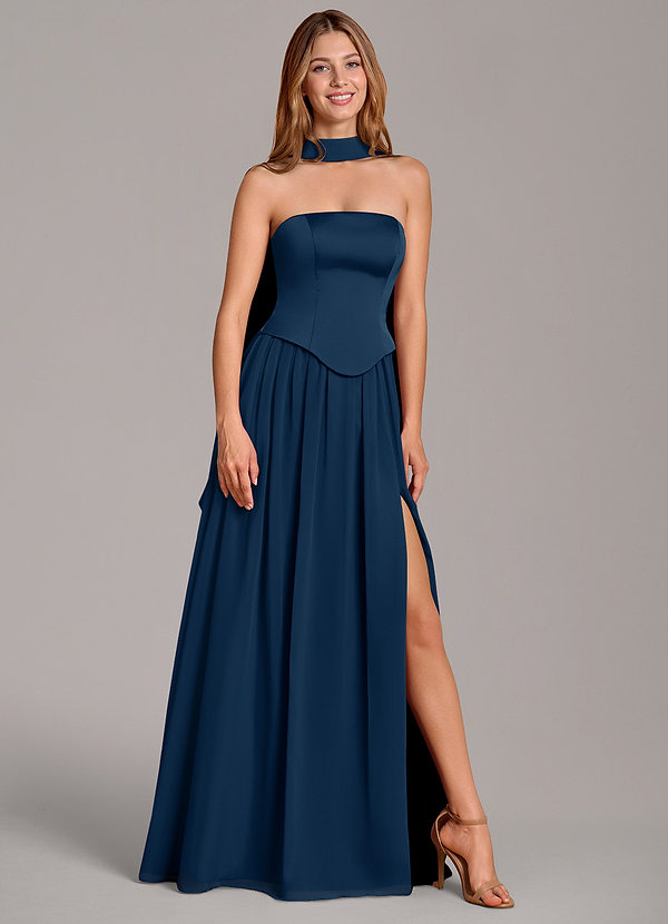 Azazie Cadence Bridesmaid Dresses Dark Navy A-Line Corset Stretch Satin Convertible Dress image1