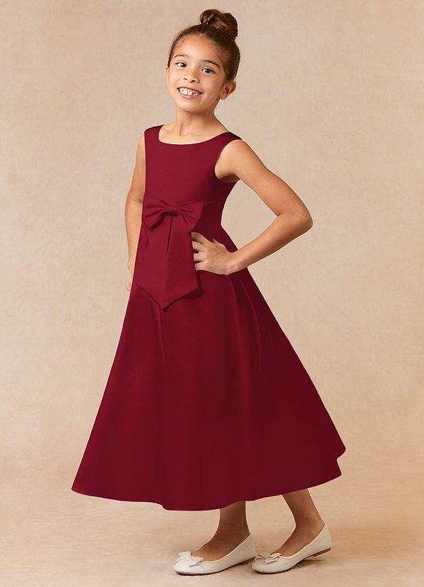 Azazie Lindy Flower Girl Dresses Burgundy A-Line Pleated Matte Satin Dress image1