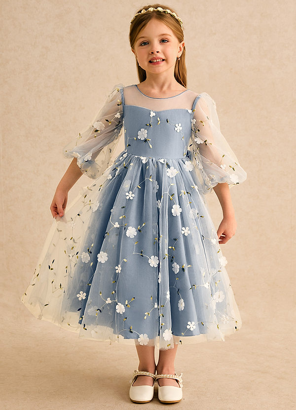 Azazie Elowen Robes de Fillette d'Honneur Robe Trapèze en Dentelle Encolure en Forme de Cœur Violet Crépusculaire image1