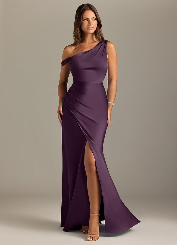 Azazie Madelyn Bridesmaid Dresses Plum Mermaid Off the Shoulder Stretch Satin Convertible Dress image1