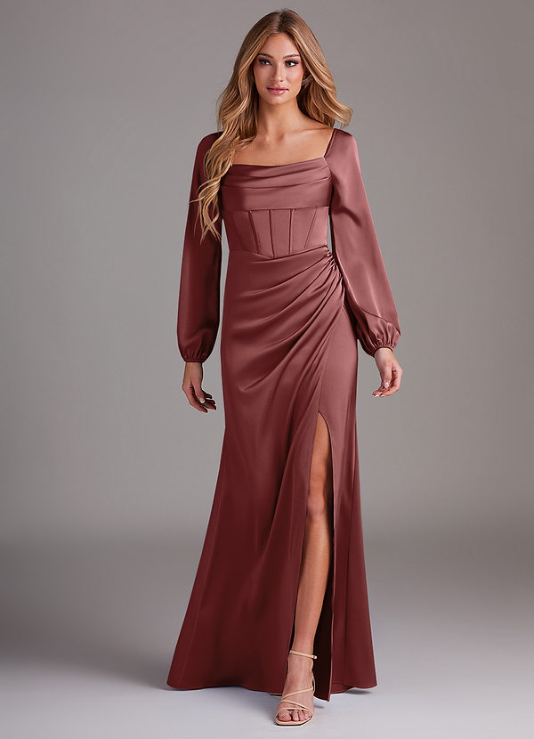 Azazie Charissa Brautjungfernkleider Etui Langarm Stretch-Satin Kleid Amethyst image1