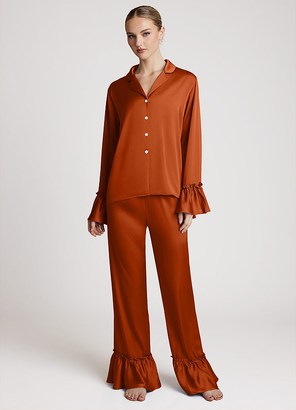 front Naranja Quemada Conjunto de pijama ligero de satén con volantes