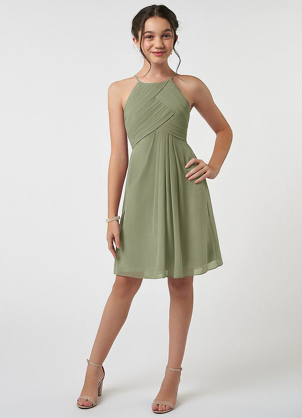 Azazie Ginny Junior Pistachio A-Line Pleated Chiffon Dress image1