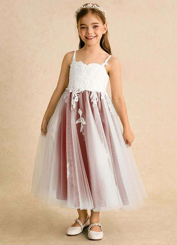 Azazie Coraline Flower Girl Dresses Ivory Terracotta A-Line Lace Dress image1