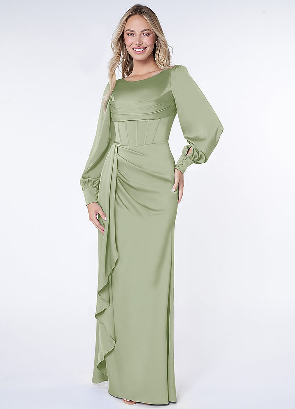 Azazie Raye Bridesmaid Dresses Dusty Sage Mermaid Long Sleeve Stretch Satin Dress image1