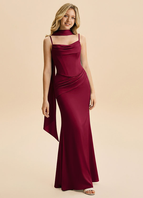 Azazie Sorrel Junior Robe Sirène en Satin extensible Rayé Bourgogne image1
