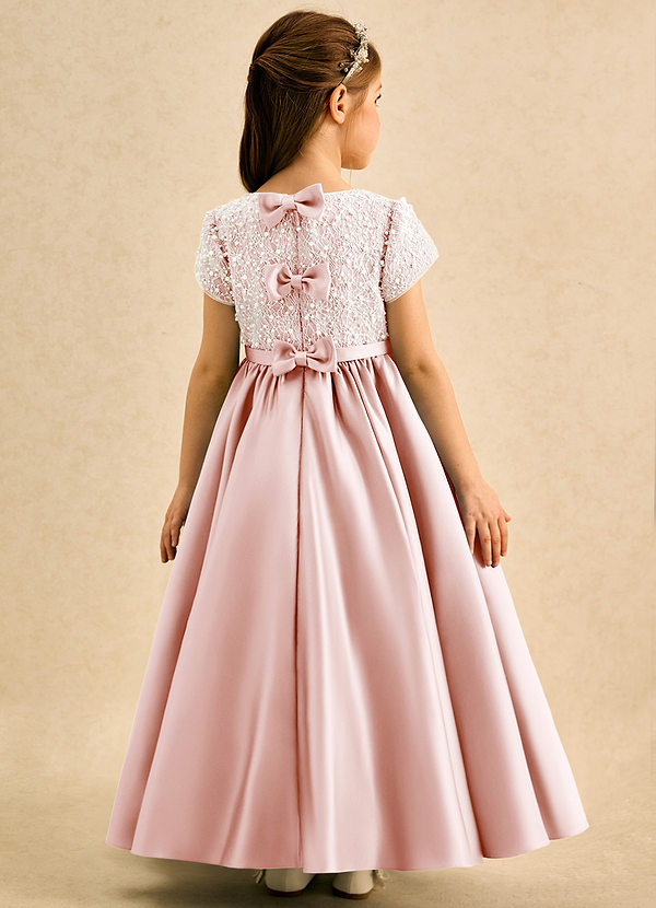 Azazie Cashew Robes de Fillette d'Honneur Robe Princesse en Mat Satiné avec manches Rose Pâle image1
