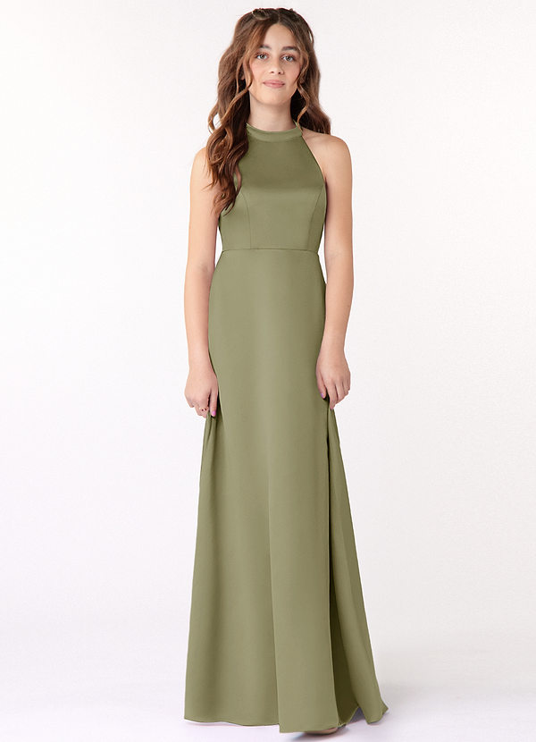 Azazie Laurel Junior Pistachio A-Line Stretch Satin Dress image1