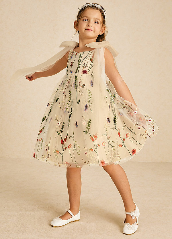 Azazie Prunella Flower Girl Dresses Classic Champagne A-Line Lace Tulle Dress image1