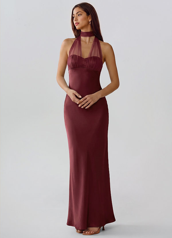 Veyra Burgundy Column Stretch Satin Floor-Length Dress image1