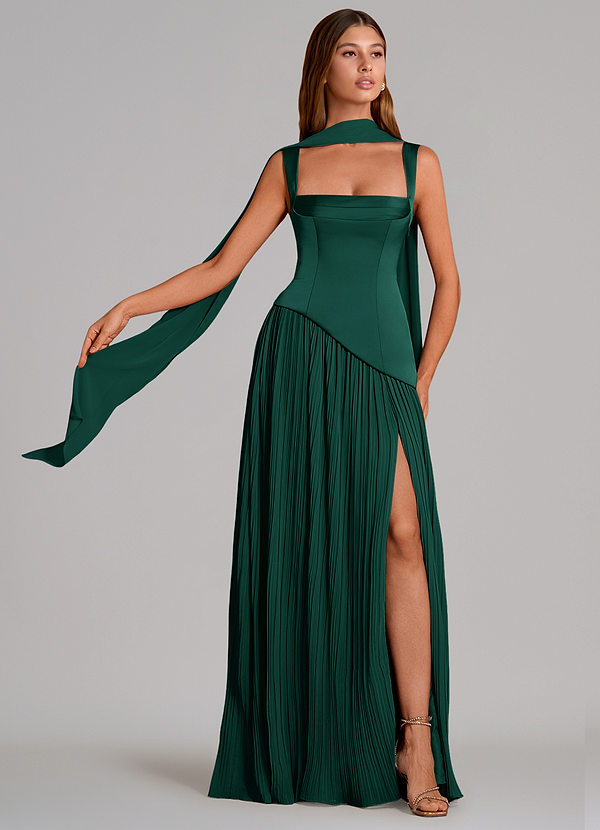 Azazie Stephanie Bridesmaid Dresses Emerald A-Line Pleated Stretch Satin Dress image1