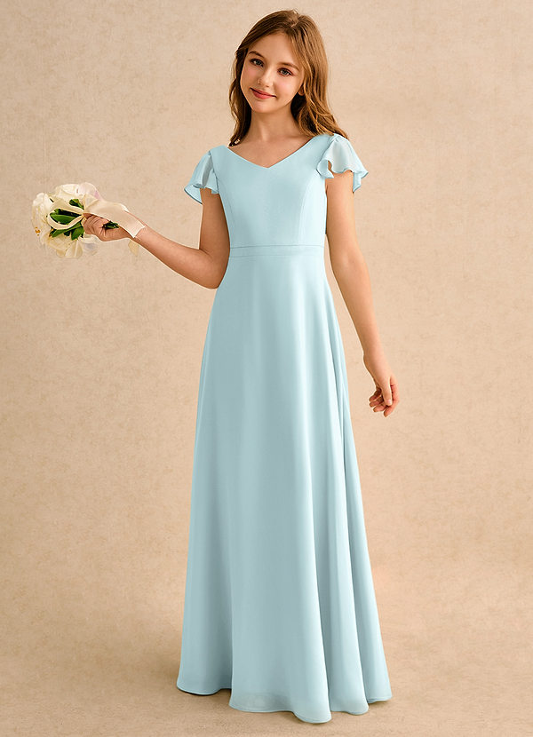 Azazie Nari Girls Formal Sukienki dla dziewczynek sypiących kwiaty Linia A z rękawami Szyfon Długość podłogi Sukienka image1