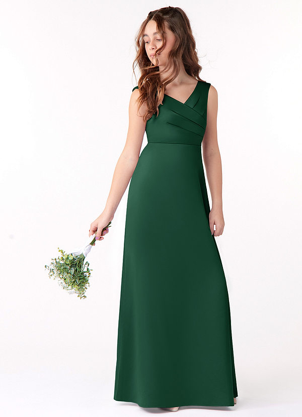 Azazie Sadia Junior Dark Green A-Line Pleated Stretch Satin Dress image1