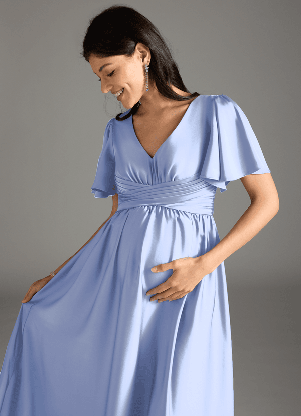 Azazie Verna Maternity Bridesmaid Dresses A-Line Ruched Stretch Satin Floor-Length Dress image1