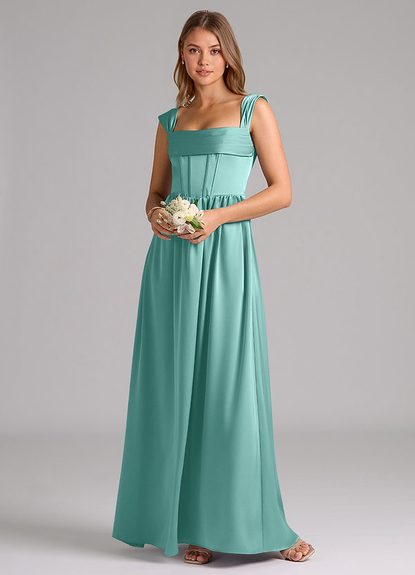 Azazie Hattie Bridesmaid Dresses Aqua A-Line Corset Stretch Satin Dress image1