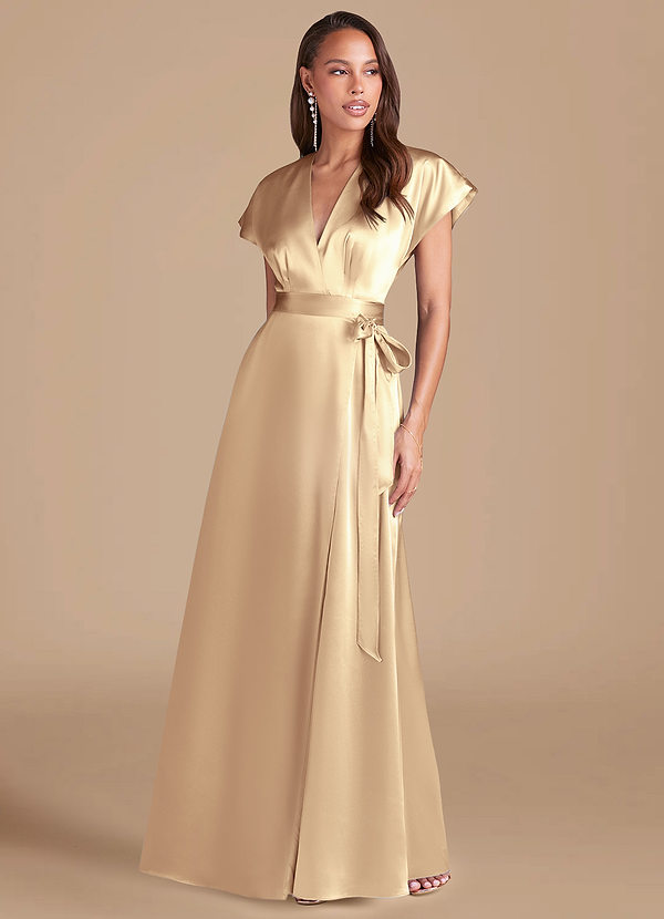 Azazie Nico Robes Demoiselle d'honneur Robe Trapèze en Satiné métallisé Plissée Or image1