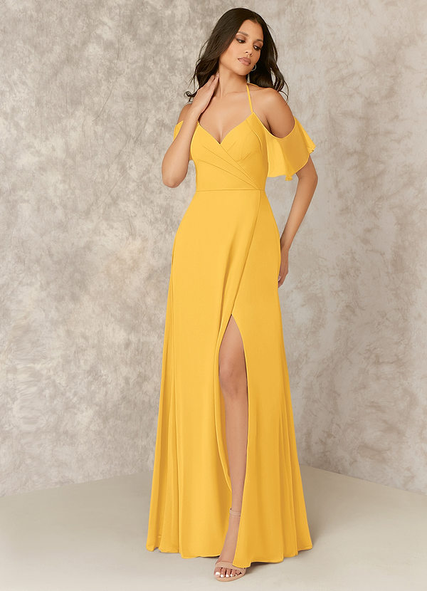 Marigold VNeck Off Shoulder Chiffon ALine Dress Bridesmaid Dresses