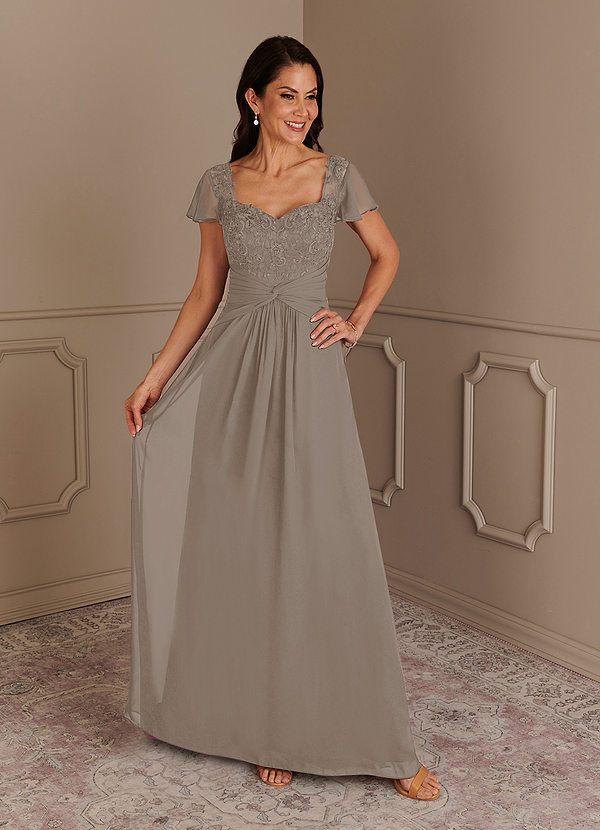 Azazie Gwenyth Vestidos de Madre de la Novia Vestido de Gris Pardo de Gasa de Corte En A con Encaje image1