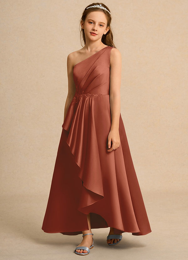 Azazie Taffy Junior Formal Vestidos de Niña de Flores Vestido de Castaño de Satin Mate de Corte En A con Encaje image1